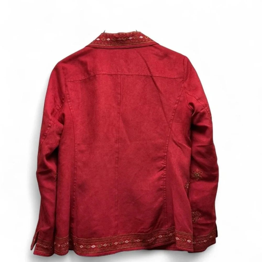Coldwater Creek Red Faux Suede Embroidered Sequin Blazer Jacket Boho Womens Sz 6 - Picture 2 of 4